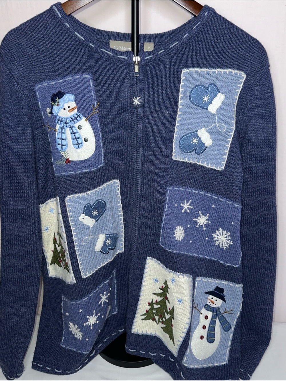 croft & barrow Navy Blue Patchwork Snowman Zip Cardigan